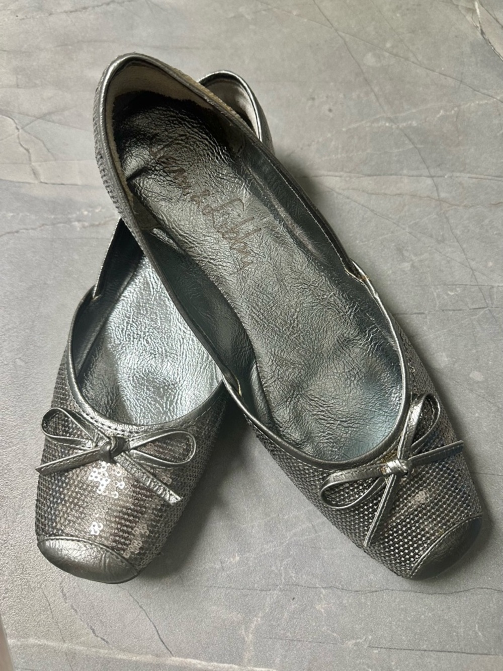 Metallic Pewter Sequins Square Toe Ballet Flats with Bow 10
